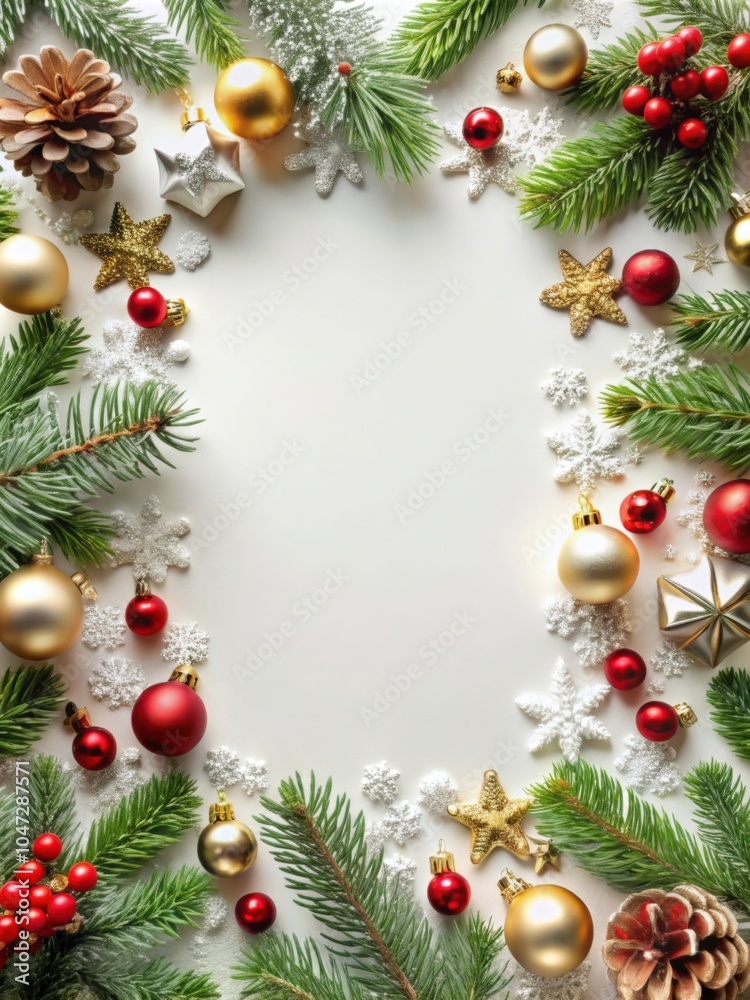 Christmas border frame composition of fir tree branches and golden and red ornaments on white background with copy space Christmas border frame composition of fir tree branches and golden and red ornaments on white background with copy space