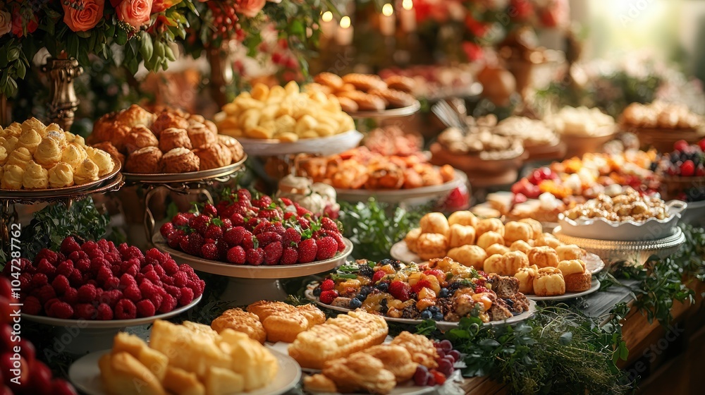 A lavish display of assorted pastries and fruits for a festive occasion. A lavish display of assorted pastries and fruits for a festive occasion.