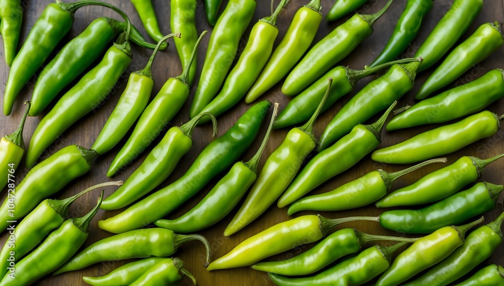 Image of a pile of long green chili peppers, fresh green chilies, chilies arranged randomly Image of a pile of long green chili peppers, fresh green chilies, chilies arranged randomly