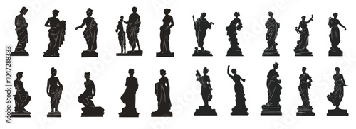 Ancient Greek solid black color sculptures of gods, goddess and heros, vector silhouettes antique statues of men and women figures, bust and full body, hand drawn isolated clip art bundle