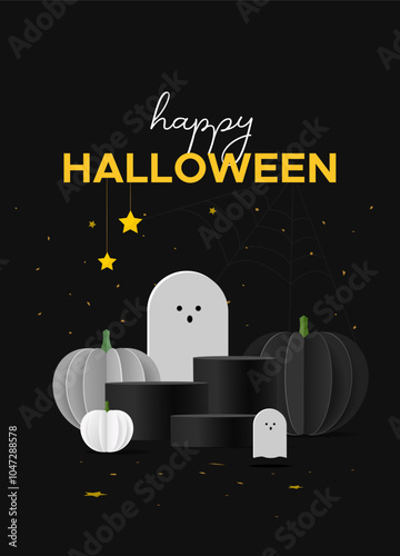 Happy Halloween greeting card with pumpkins, podium and ghosts on a black background. Black poster for Halloween.
