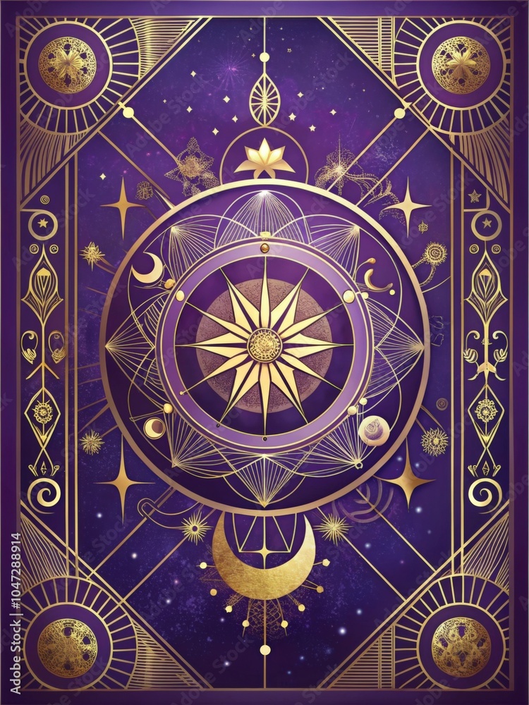 Mystical golden esoteric chart showing stars, planets, and celestial bodies over a purple starry sky with geometric patterns Mystical golden esoteric chart showing stars, planets, and celestial bodies over a purple starry sky with geometric patterns