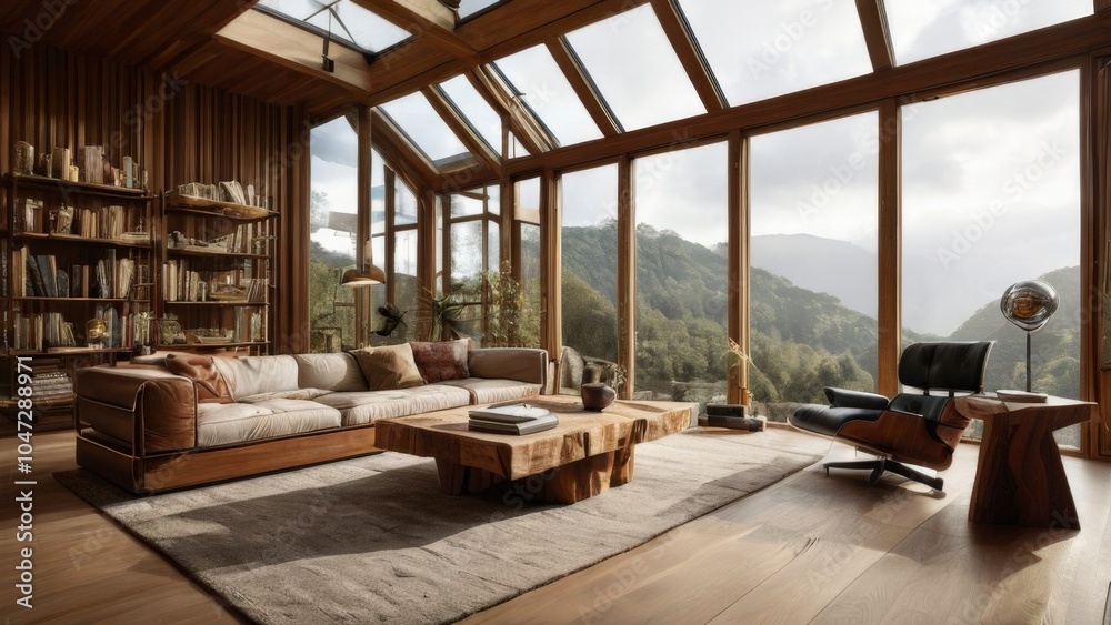 Luxurious and relaxing living room in a modern mountain chalet with large windows showcasing breathtaking views of a scenic valley, creating a tranquil and inviting atmosphere Luxurious and relaxing living room in a modern mountain chalet with large windows showcasing breathtaking views of a scenic valley, creating a tranquil and inviting atmosphere