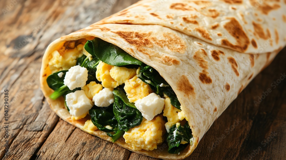A delicious breakfast wrap filled with spinach, scrambled eggs, and cheese, perfect for a nutritious start to your day. A delicious breakfast wrap filled with spinach, scrambled eggs, and cheese, perfect for a nutritious start to your day.