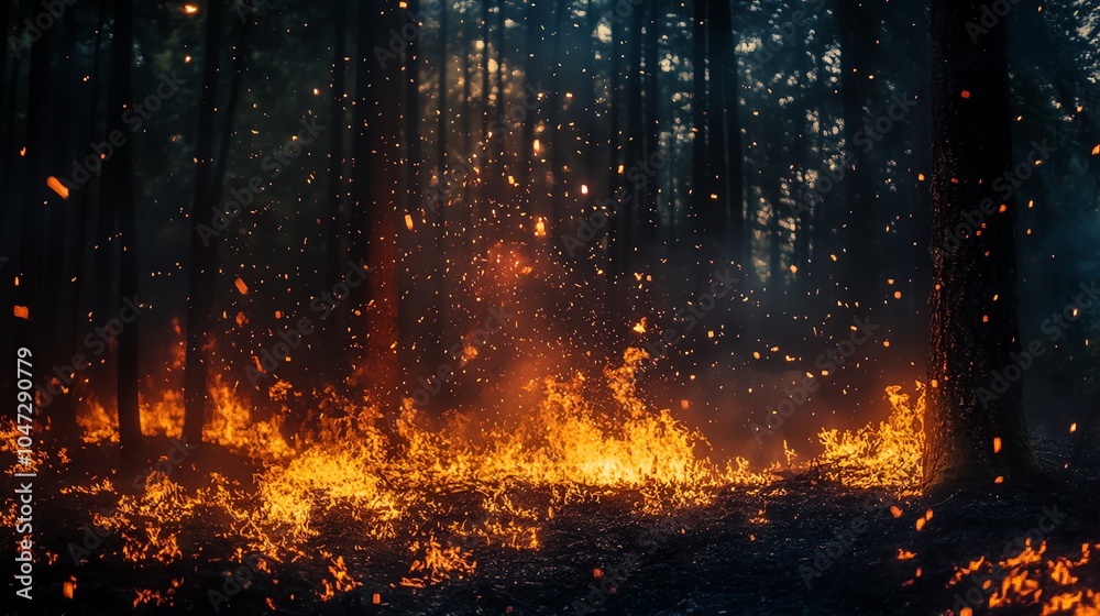 A dramatic scene of forest fire engulfing trees, with bright flames and smoke contrasting against the dark woods. A dramatic scene of forest fire engulfing trees, with bright flames and smoke contrasting against the dark woods.