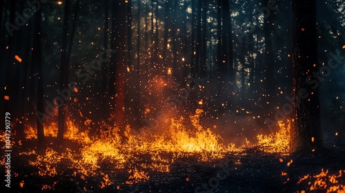 A dramatic scene of forest fire engulfing trees, with bright flames and smoke contrasting against the dark woods.