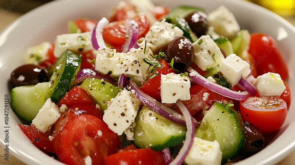 A fresh Greek salad featuring vibrant vegetables, feta cheese, olives, and aromatic herbs, perfect for a healthy meal. A fresh Greek salad featuring vibrant vegetables, feta cheese, olives, and aromatic herbs, perfect for a healthy meal.