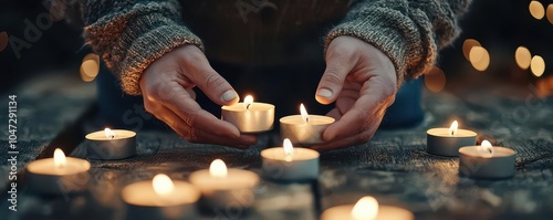 Hands arranging bright candles in a pattern, intimate and traditional Festival of Lights photo