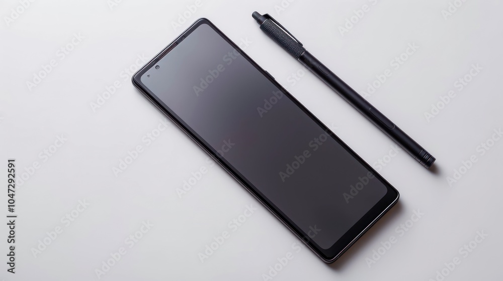 A black smartphone and a stylus pen on a white surface A black smartphone and a stylus pen on a white surface
