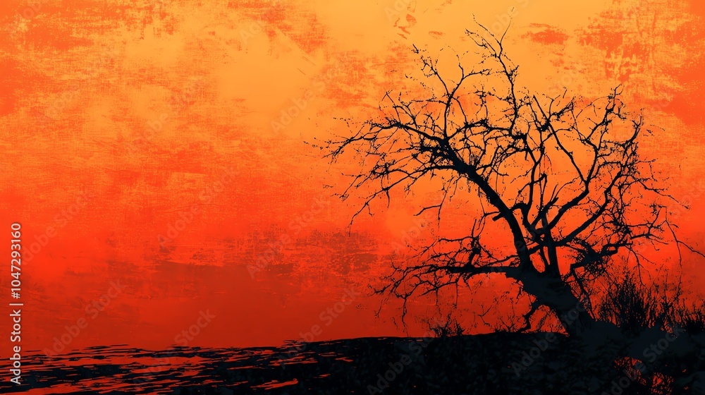 Obraz premium A striking silhouette of a barren tree against a vivid orange sunset, creating an atmospheric and dramatic backdrop.