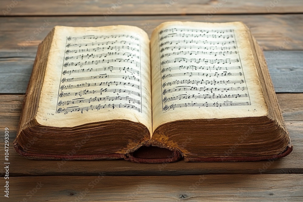 Fototapeta premium Aged book with music sheets. Vintage musical score. generative ai