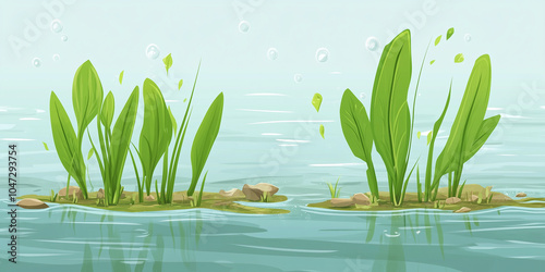 Quillwort with grass-like leaves emerging from underwater substrate in lake, illustration art photo