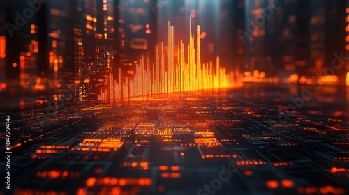 A digital visualization of data represented by glowing bars and circuits.