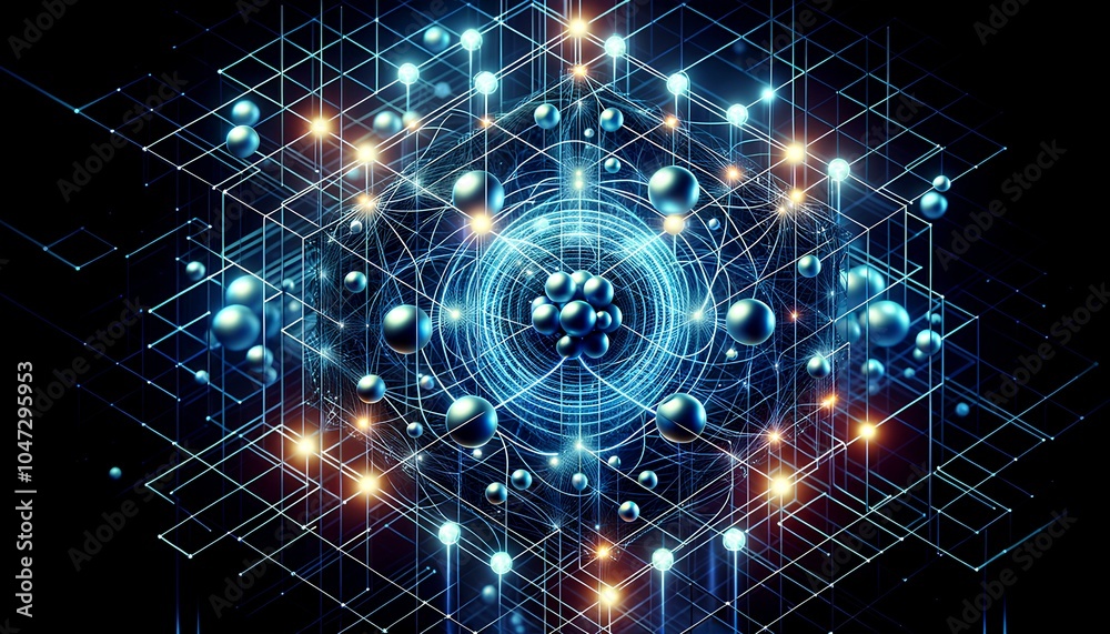 Abstract Quantum Computing Visualization with Entangled Qubits in a Grid Matrix, Glowing Neon Orbs, and Multidimensional Patterns Reflecting Advanced Computational Power Abstract Quantum Computing Visualization with Entangled Qubits in a Grid Matrix, Glowing Neon Orbs, and Multidimensional Patterns Reflecting Advanced Computational Power