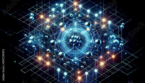 Abstract Quantum Computing Visualization with Entangled Qubits in a Grid Matrix, Glowing Neon Orbs, and Multidimensional Patterns Reflecting Advanced Computational Power