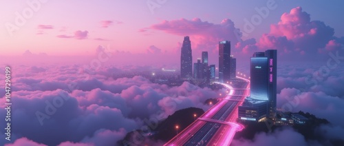 City of a future against purple sunset sky with clouds. Futuristic building with bright neon lights. Wallpaper in a style of cyberpunk.