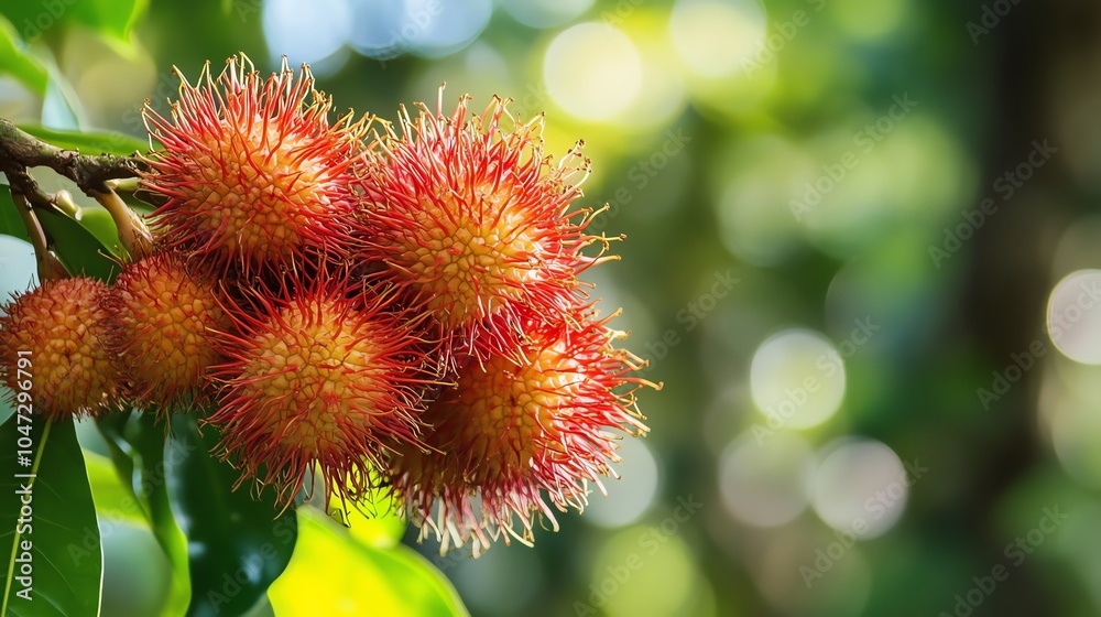 Close-up of vibrant rambutan fruit hanging from a tree, showcasing its unique texture and colors against a blurred green background. Close-up of vibrant rambutan fruit hanging from a tree, showcasing its unique texture and colors against a blurred green background.