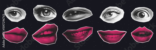 Set of eyes, lips in the style of a punk collage in semitones. Vector clippings from retro magazines.