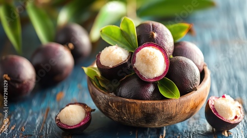 A vibrant bowl of fresh mangosteen fruits with green leaves on a rustic wooden table, showcasing their rich color and texture.