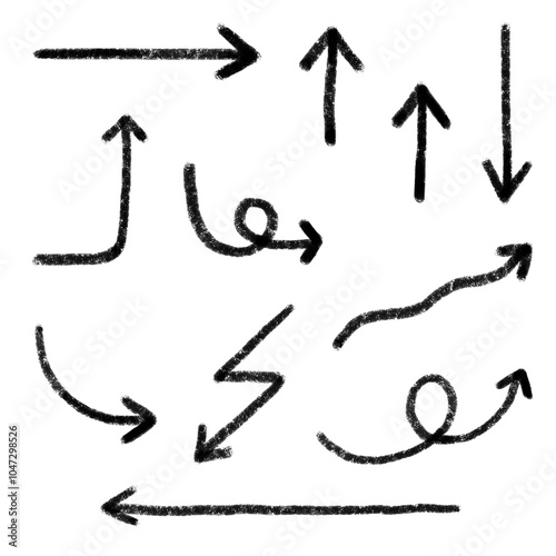 A Set of arrows: Hand-drawn illustration of an oil crayon or pencil chalk doodling on a transparent background