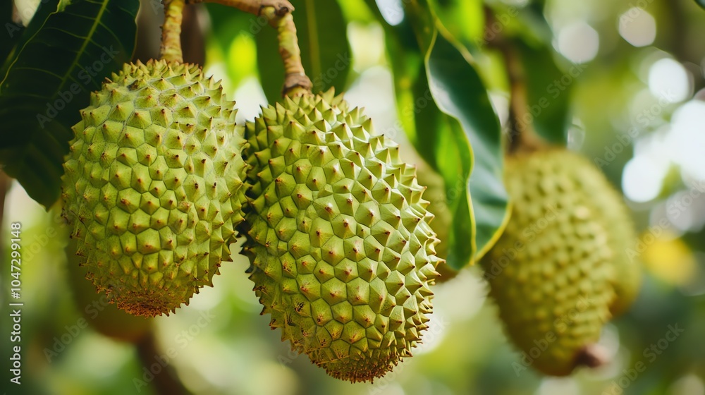 Close-up of ripe durian fruits hanging from a tree, showcasing their spiky exterior and lush green foliage. Close-up of ripe durian fruits hanging from a tree, showcasing their spiky exterior and lush green foliage.