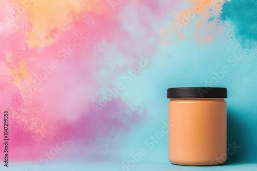 Artistic view of casein protein powder container, abstract vibrant backgrounds, Casein protein packaging, Supplement branding and marketing photo