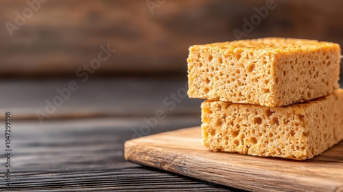 Closeup of a casein protein bar, soft textures, intricate details, Casein protein bar, Convenient slowrelease snack photo