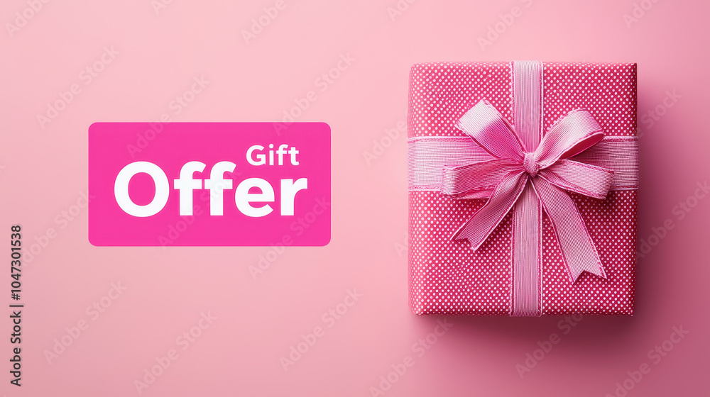 vibrant pink gift box adorned with ribbon sits next to bright Gift Offer sign, creating cheerful and inviting atmosphere perfect for celebrations vibrant pink gift box adorned with ribbon sits next to bright Gift Offer sign, creating cheerful and inviting atmosphere perfect for celebrations