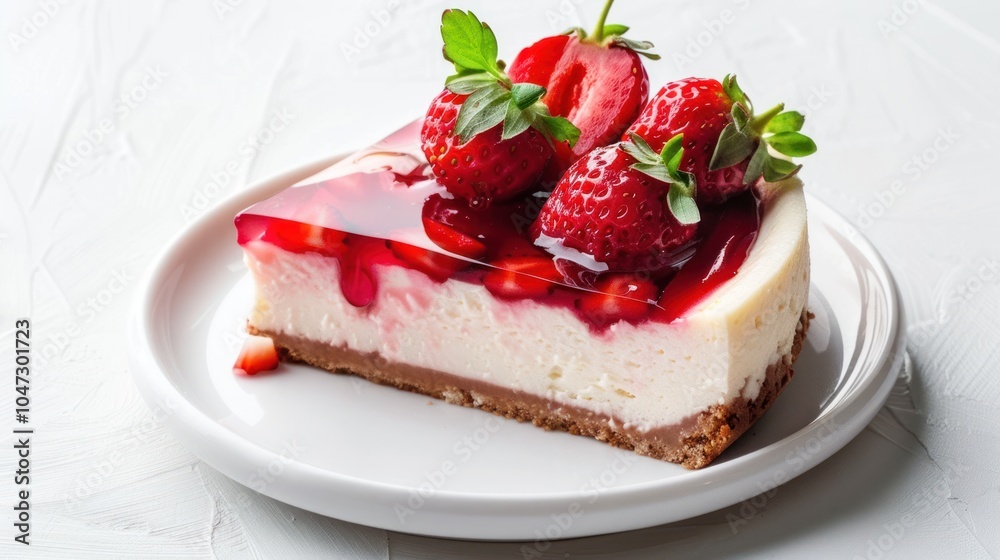 A Slice of Cheesecake Topped with Fresh Strawberries and Red Glaze A Slice of Cheesecake Topped with Fresh Strawberries and Red Glaze