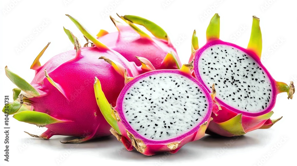 Vibrant dragon fruit with a striking exterior and white, speckled interior. A tropical delight for healthy recipes and exotic dishes. Vibrant dragon fruit with a striking exterior and white, speckled interior. A tropical delight for healthy recipes and exotic dishes.