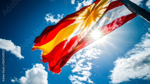 Close-Up of the Kiribati Flag Highlighting Its Intricate Design Against a Bright Sky photo