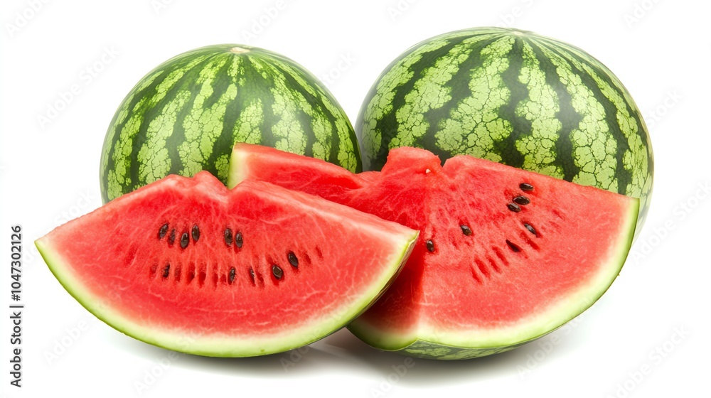 Fresh and juicy watermelon sliced open, showcasing vibrant red flesh and black seeds, perfect for summer treats. Fresh and juicy watermelon sliced open, showcasing vibrant red flesh and black seeds, perfect for summer treats.