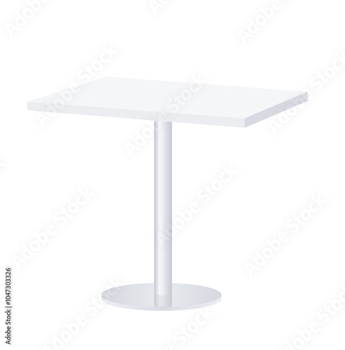 White empty Table on round metal leg. kitchen Desk Mockup. furniture for home interior, restaurant, exhibition, office, bar, presentations. Vector realistic 3d illustration. Blank Template.