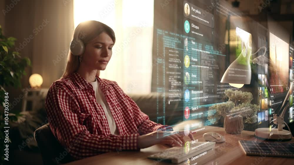 A woman is working late on a laptop with holographic projections in a futuristic office setup
