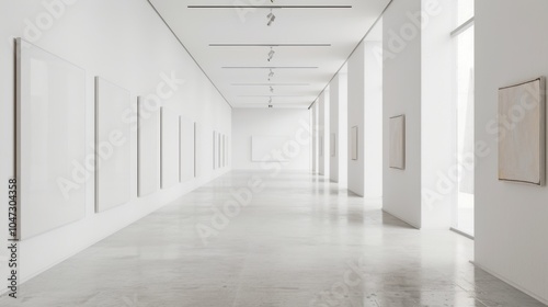 A sleek and modern art exhibition showcasing a pristine white canvas backdrop, Minimalist artworks meticulously arranged, Contemporary minimalist style