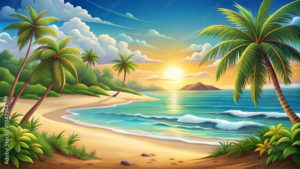 Fototapeta premium Illustration: sea beach at sunset