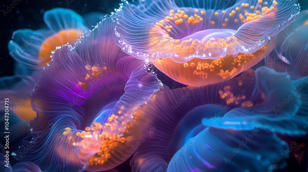 Stunning close-up of vibrant jellyfish in a mesmerizing underwater scene, showcasing intricate details and vivid colors. Stunning close-up of vibrant jellyfish in a mesmerizing underwater scene, showcasing intricate details and vivid colors.