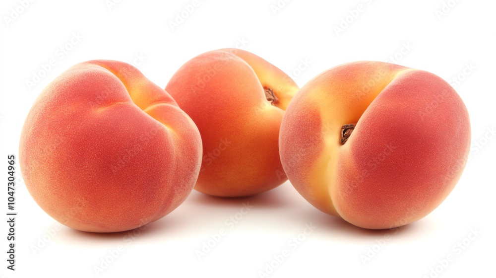 Three fresh peaches displayed against a bright background, showcasing their natural colors and textures, perfect for food-related themes.