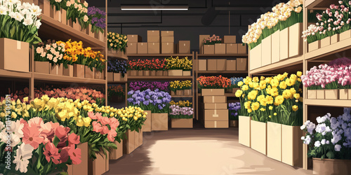 Warehouse with stacks of flower shipping boxes, illustration art photo