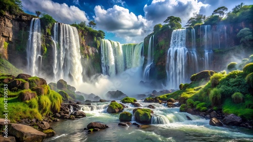 Stunning Waterfall Cascade: Majestic Falls Flowing Into a Serene River Surrounded by Lush Greenery and Rocks