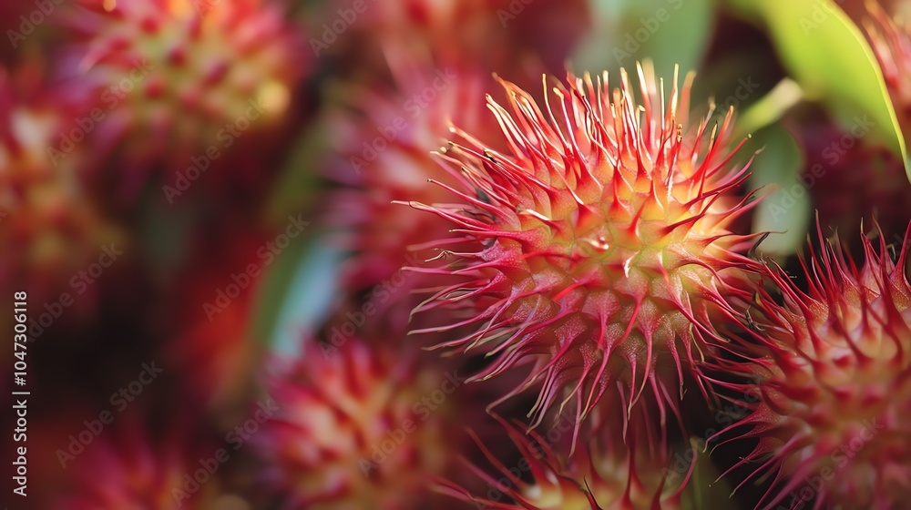 Vibrant spiky red fruit clusters on a green backdrop, showcasing nature's beauty and diversity in a close-up shot. Vibrant spiky red fruit clusters on a green backdrop, showcasing nature's beauty and diversity in a close-up shot.