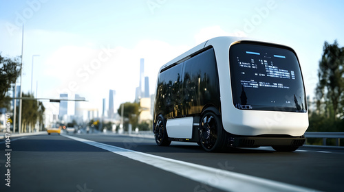 Driverless Autonomous Vehicle Navigating Futuristic City Roads with High Tech Elements and Cityscape