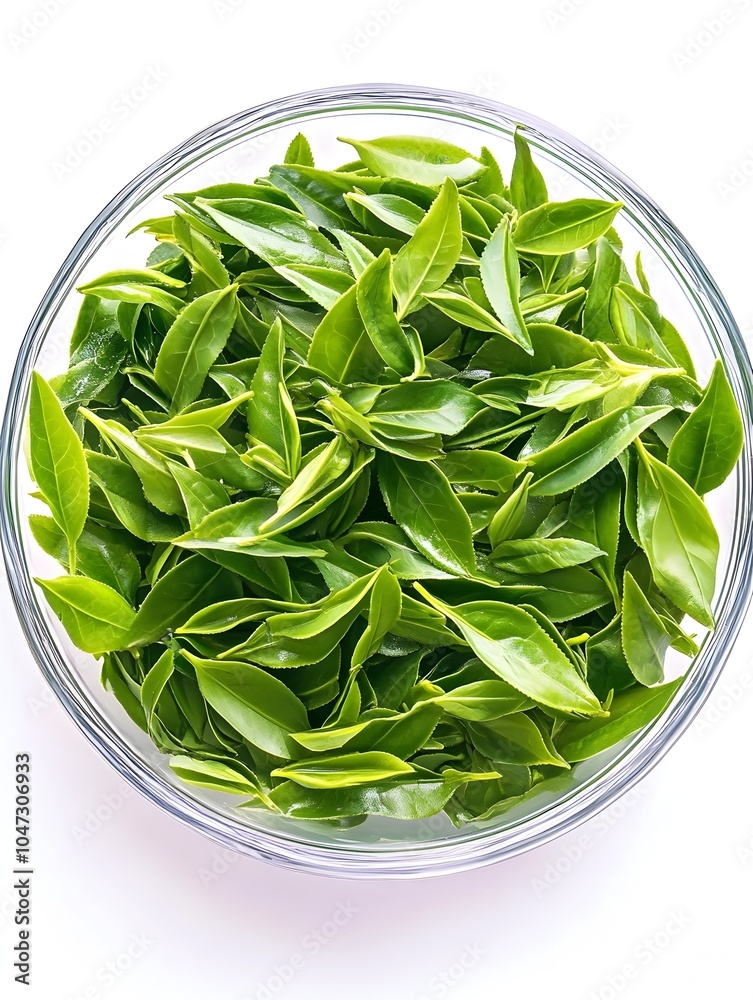 Freshly Picked Longjing Green Tea Leaves in Glass Container on White Background Freshly Picked Longjing Green Tea Leaves in Glass Container on White Background
