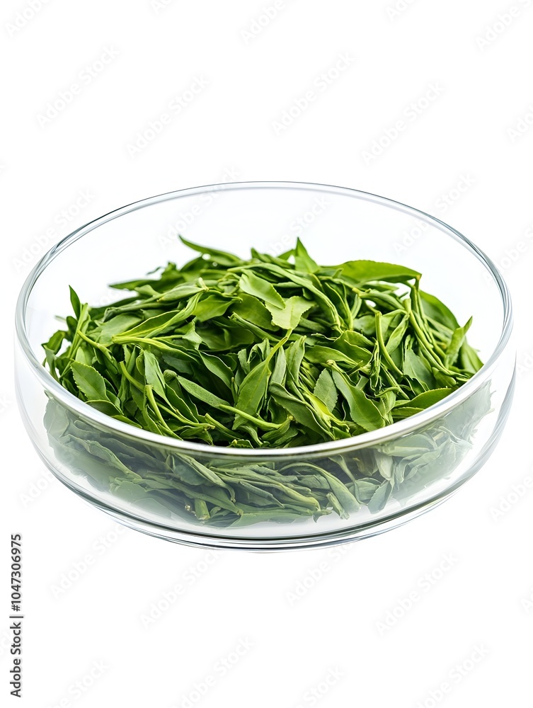 Freshly Harvested Longjing Green Tea Leaves in a Transparent Glass Container Freshly Harvested Longjing Green Tea Leaves in a Transparent Glass Container