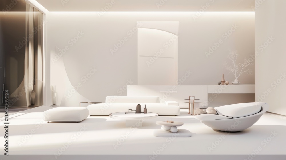 A sleek and modern living area with a white canvas backdrop, Featuring minimalist furniture arranged for optimal functionality, Futuristic design aesthetic A sleek and modern living area with a white canvas backdrop, Featuring minimalist furniture arranged for optimal functionality, Futuristic design aesthetic