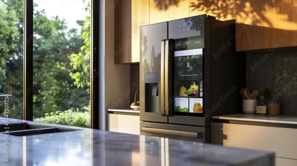 Modern Smart Refrigerator with Touchscreen Display in a Kitchen Setting Modern Smart Refrigerator with Touchscreen Display in a Kitchen Setting