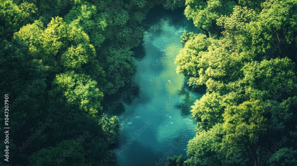 Top view of a tranquil river winding through a dense forest, reflecting the canopy above. Top view of a tranquil river winding through a dense forest, reflecting the canopy above.