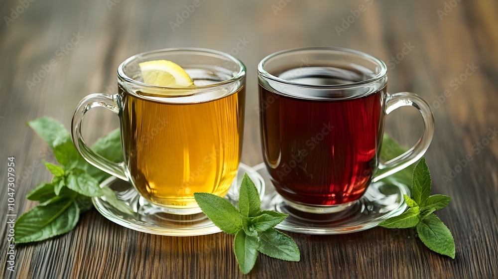 Aromatic Tea Cups on Wooden Surface with Fresh Mint Leaves Aromatic Tea Cups on Wooden Surface with Fresh Mint Leaves