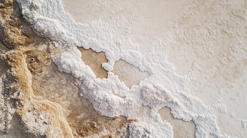 Top view of salt flats landscape, with stark white expanses contrasting with surrounding desert.