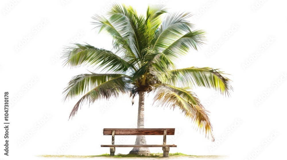 Fototapeta premium A lone wooden bench beneath a tropical palm tree